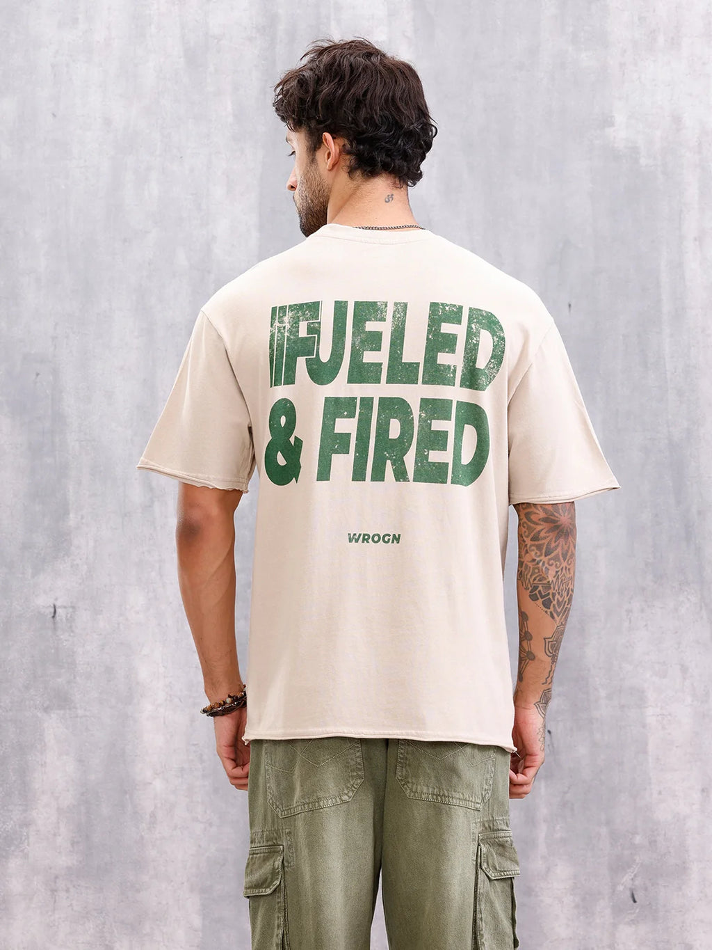 Retro Wash Graphic Printed Tshirt With Raw Edge Detail | Beige