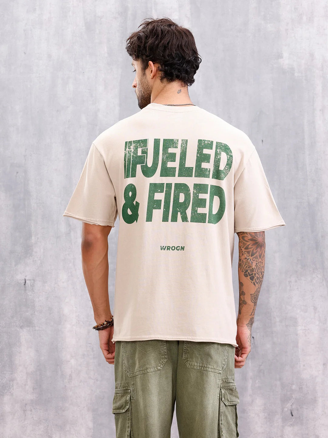 Retro Wash Graphic Printed Tshirt With Raw Edge Detail | Beige