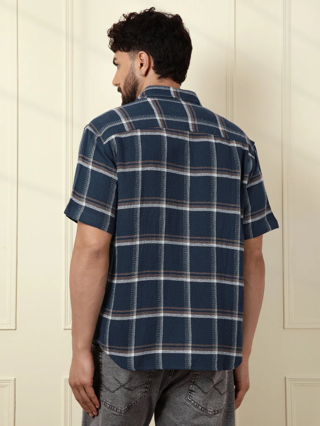 Checked Short Sleeve Textured Shirt | Navy Blue