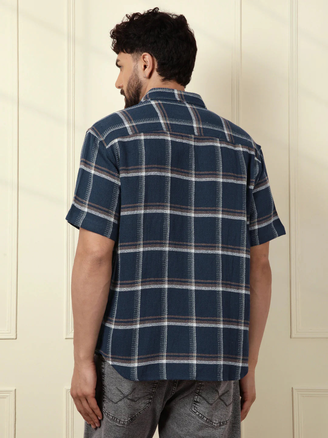 Checked Short Sleeve Textured Shirt | Navy Blue