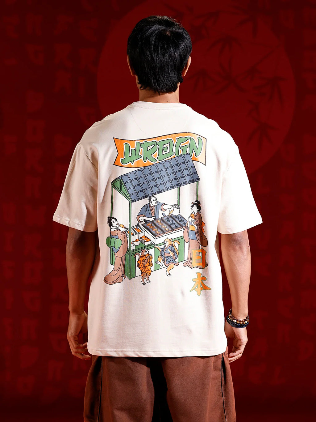 Oversized Black Cotton T-shirt with Graphic Accent | Beige