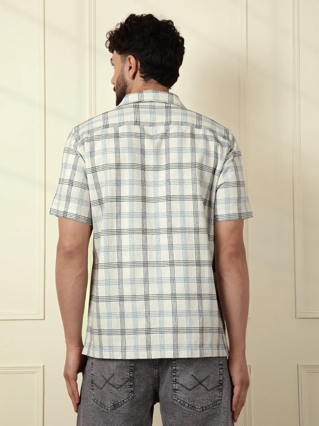 Checked Short Sleeve Textured Shirt | Beige