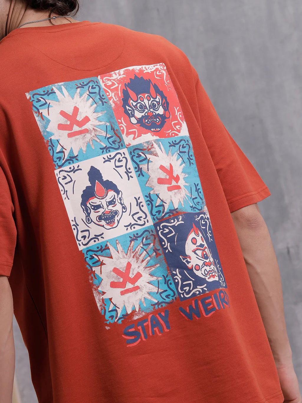 Mythical Face Inspired Back Print T-Shirt | Rust