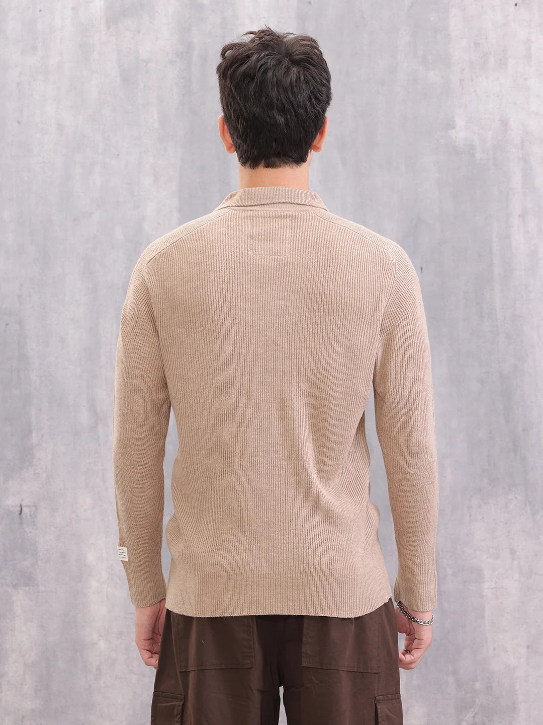 Comfort Fit Rib Sweater With Collar I Beige