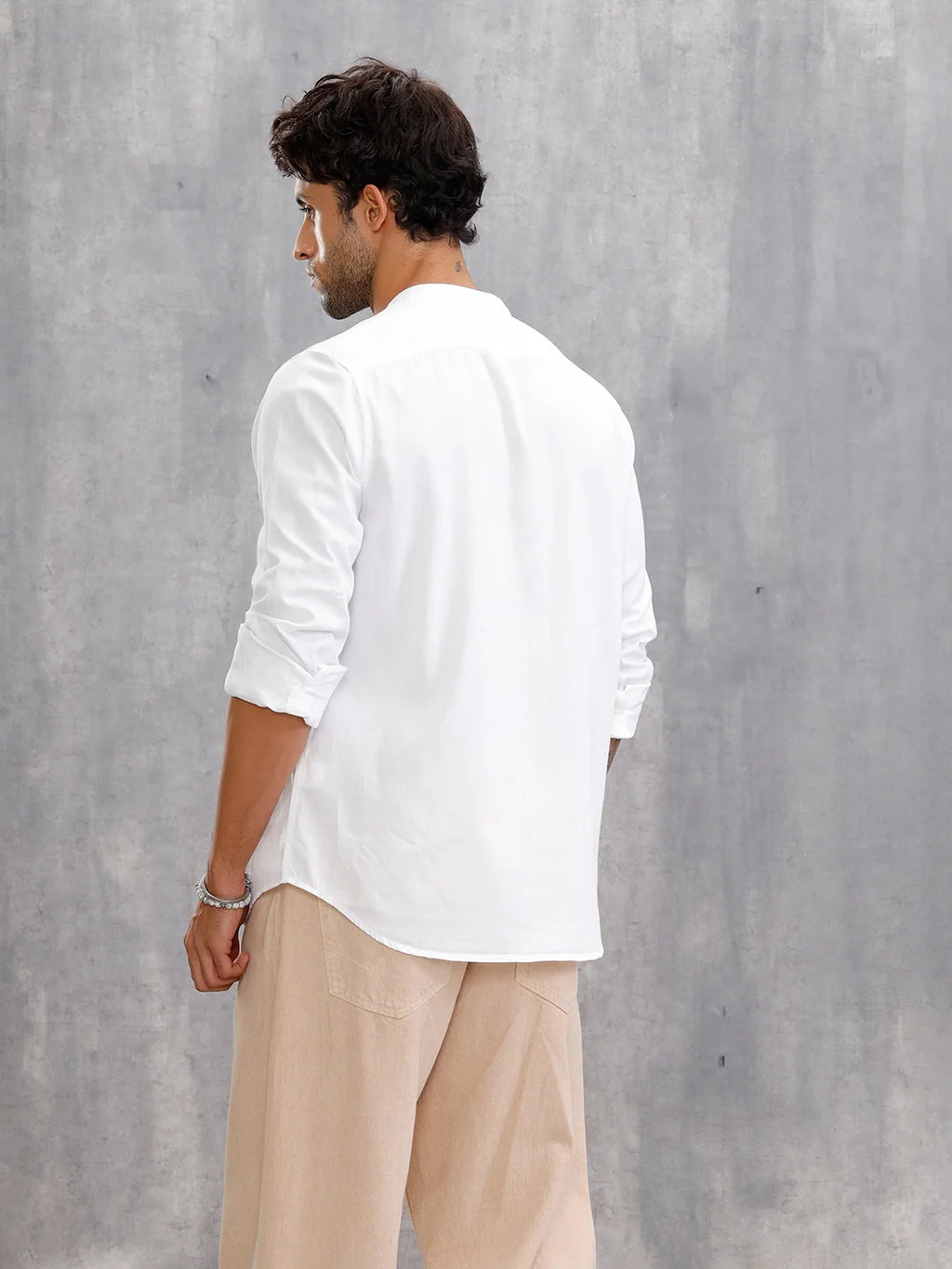 100% Cotton Solid Mandarine Collar Shirt I White