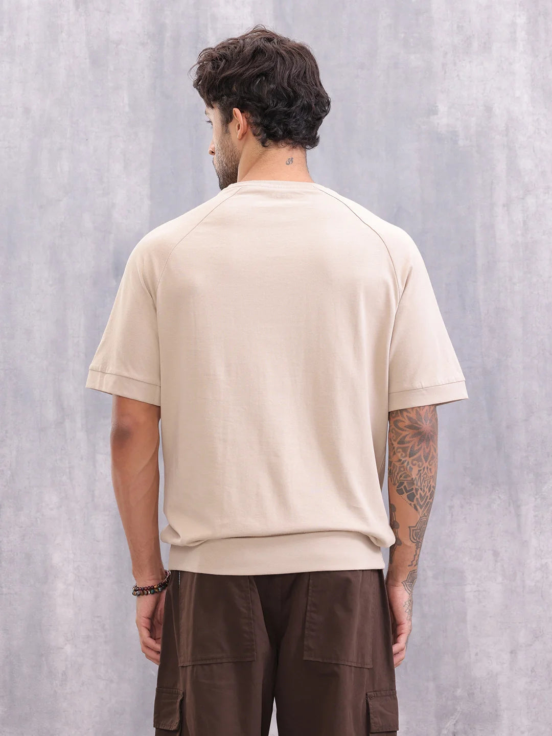Raglan Sleeve Oversized Fit T-shirt With Rib And Patch Pocket | Beige