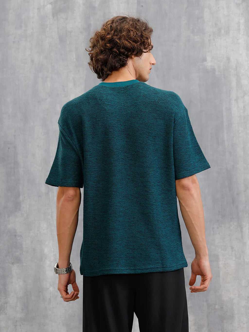 Two Tone Textured Slub Knit Oversized Crew Neck T-Shirt With Chunky Rib | Teal