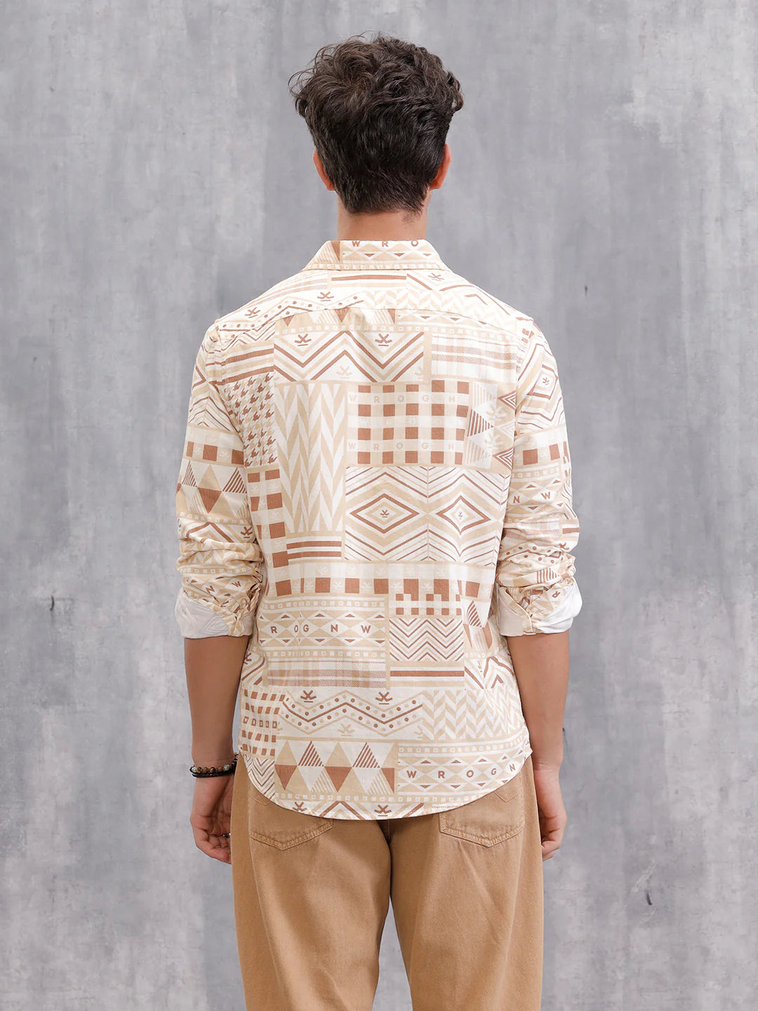 Corduroy Geometric Printed Shirt In Slim Fit | Beige