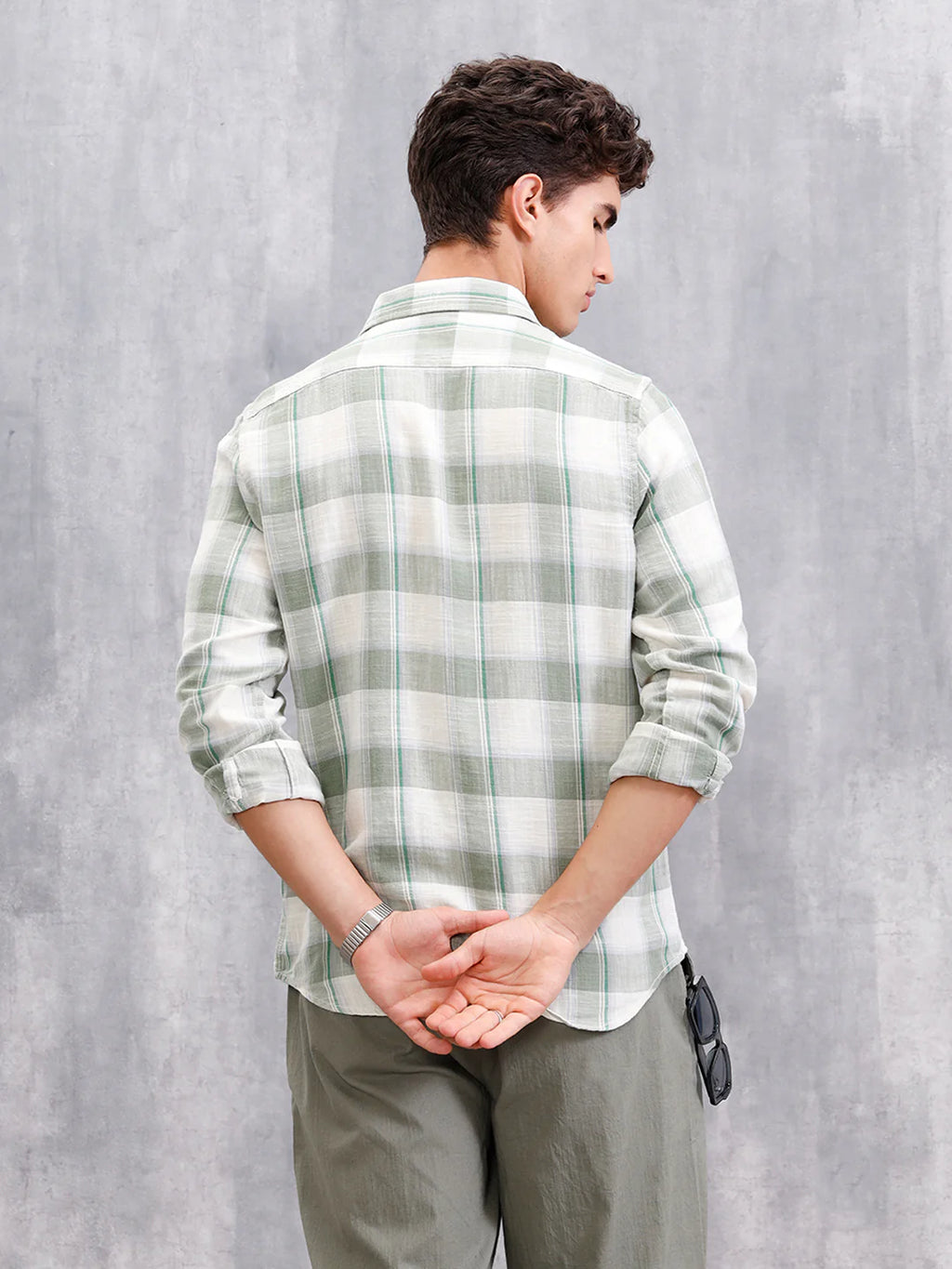 Cotton Twill Slub Checks In Slim Fit | Green