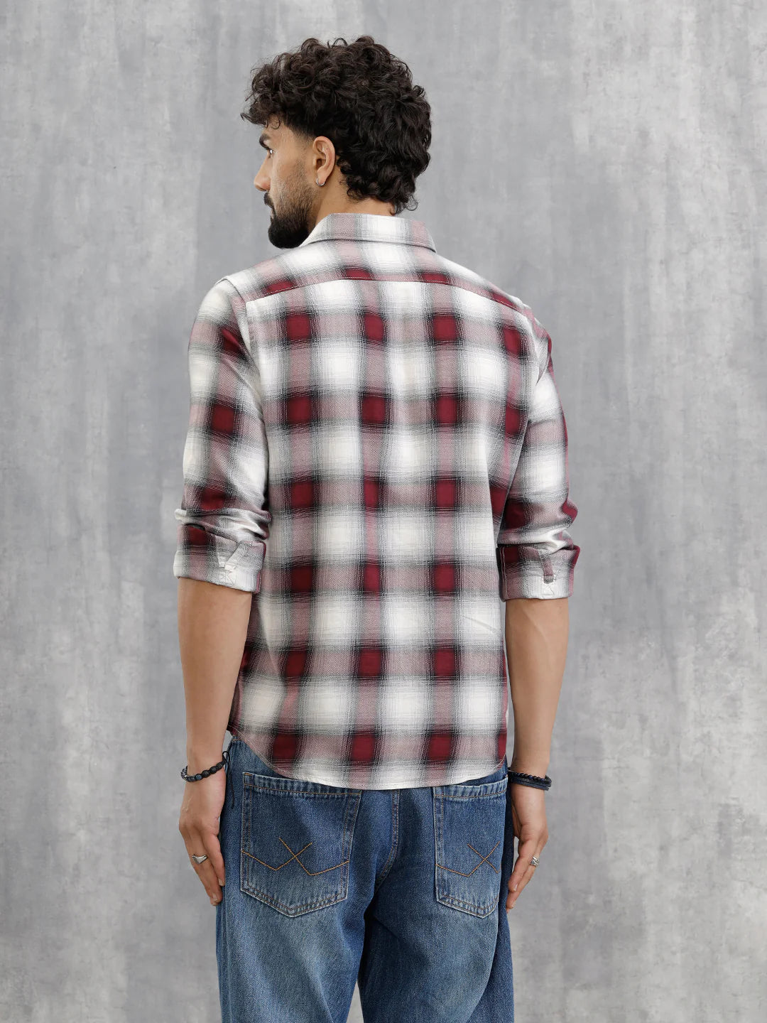 Cotton Twill Shadow Check Shirt In Slim Fit | Wine
