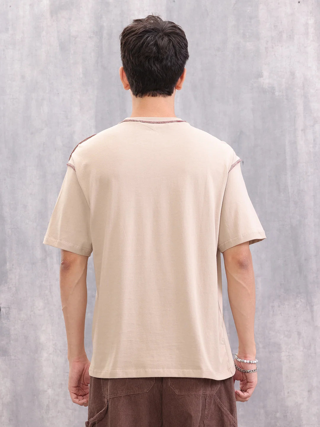 Contrast Stitch Detail Goth Inspired Oversized Fit T-shirt | Beige