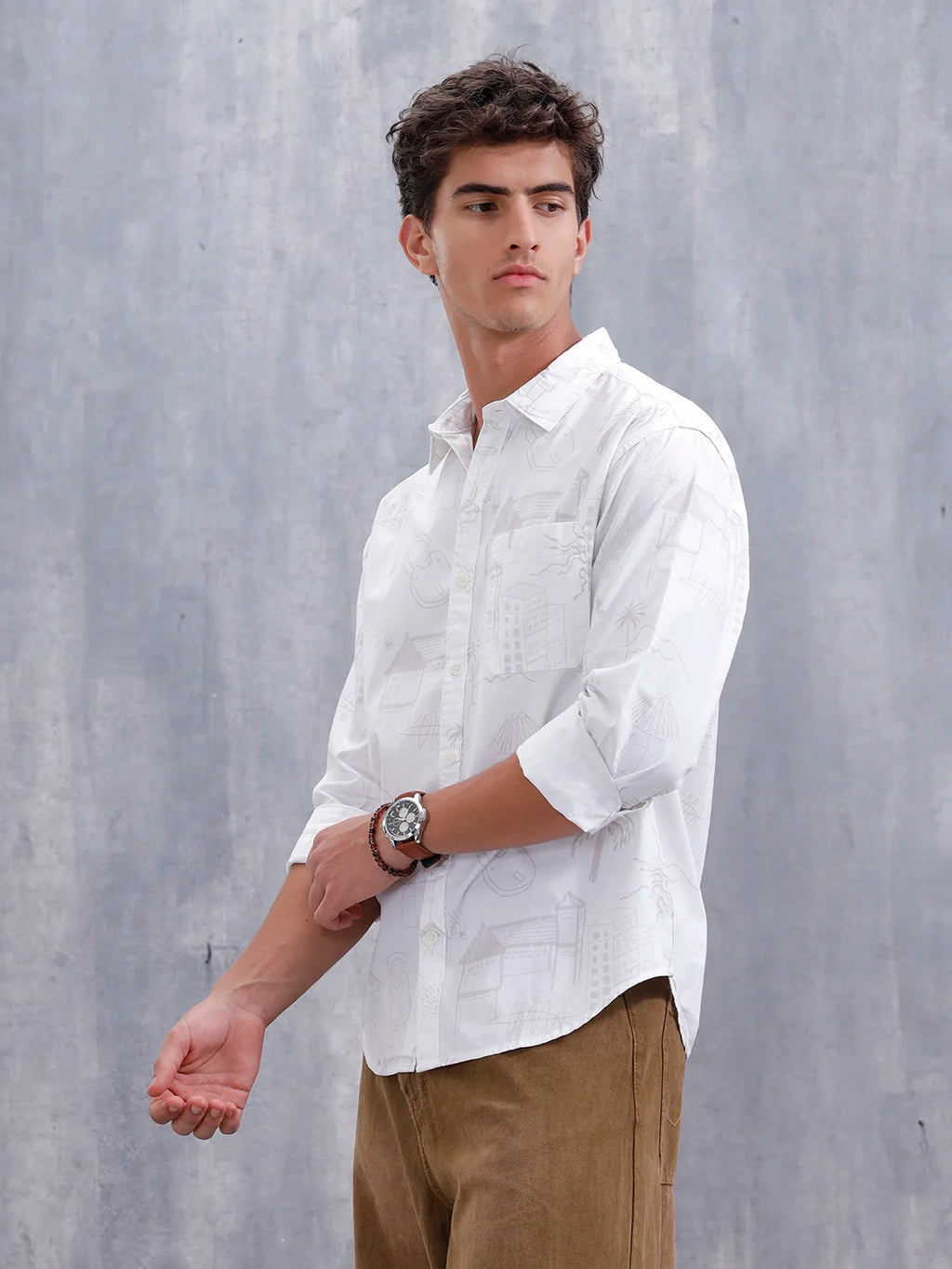 Aop Printed Comfort Fit Spread Collar Shirt | White