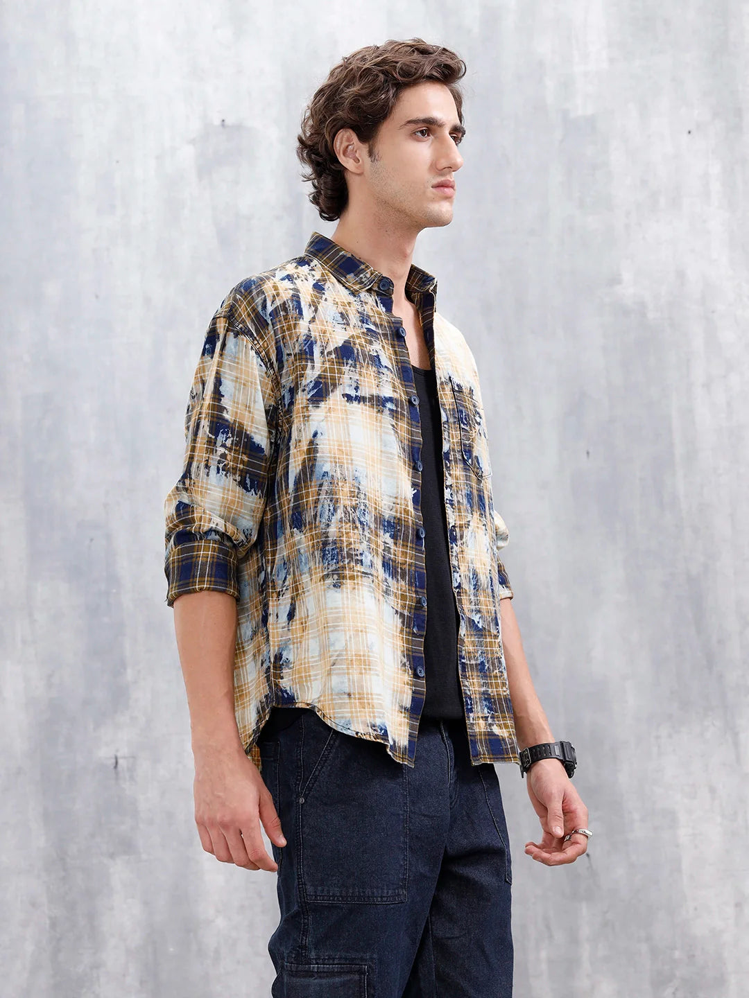Distressed Plaid Check Shirt With Pockets | Yellow