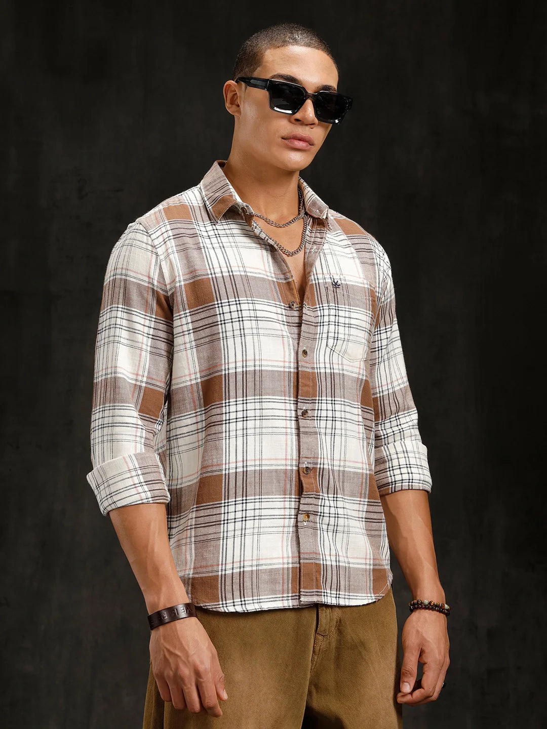 Checkered Cotton Slub Shirt | Brown