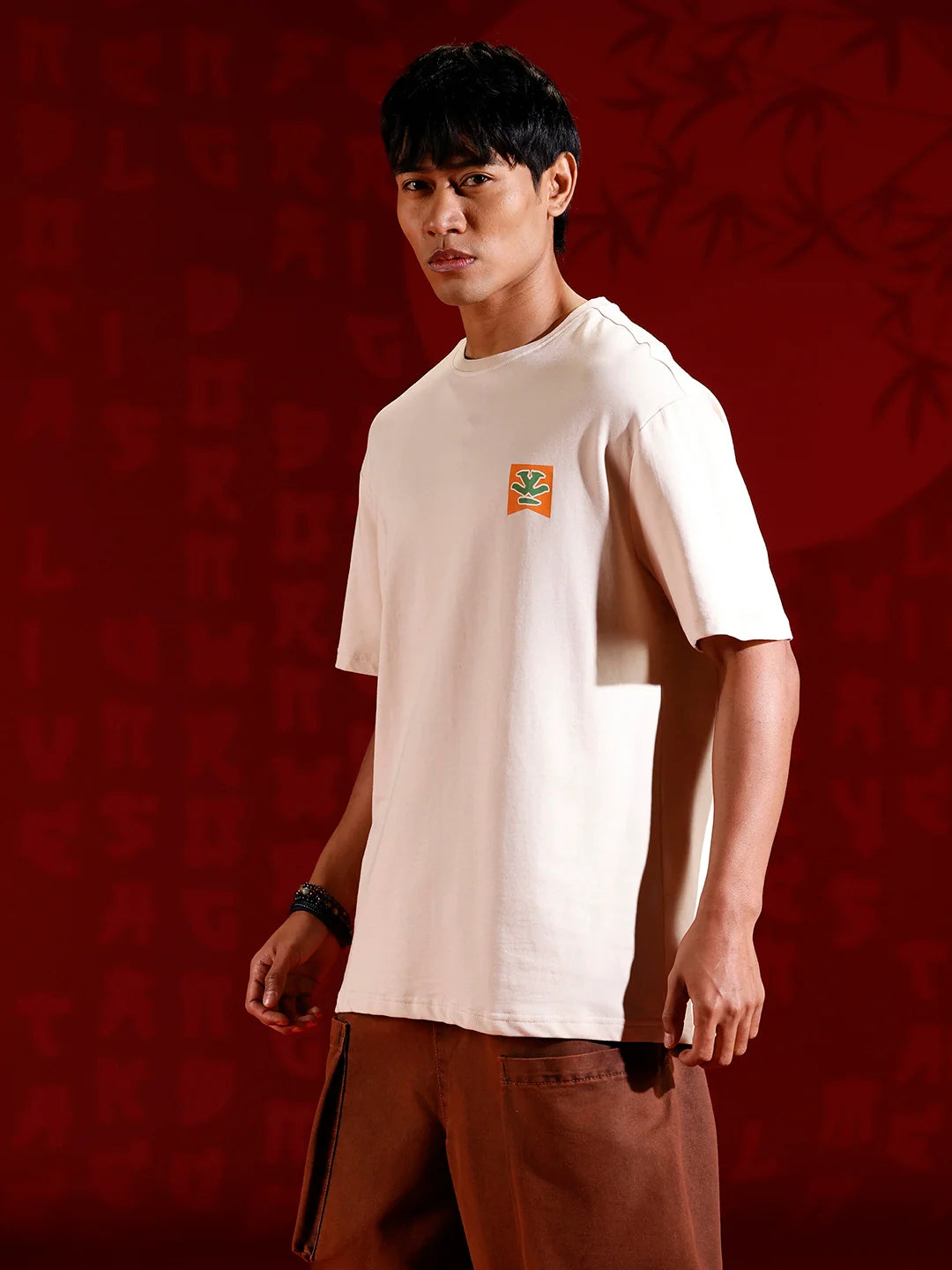 Oversized Black Cotton T-shirt with Graphic Accent | Beige