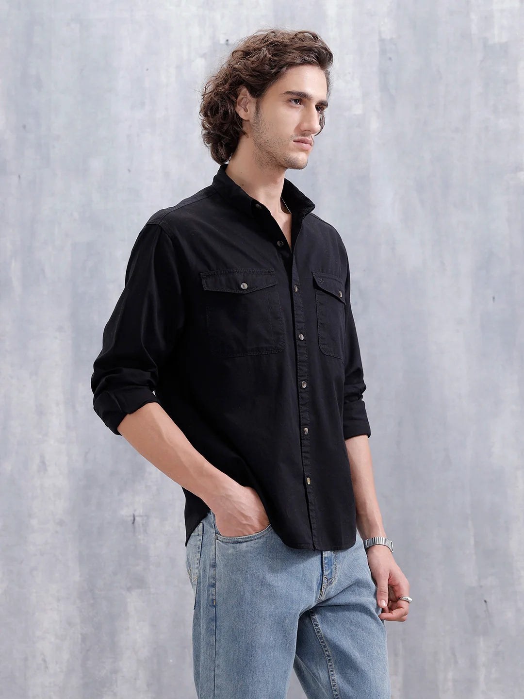 Comfort Fit Double Pocket Solid Shirt | Black