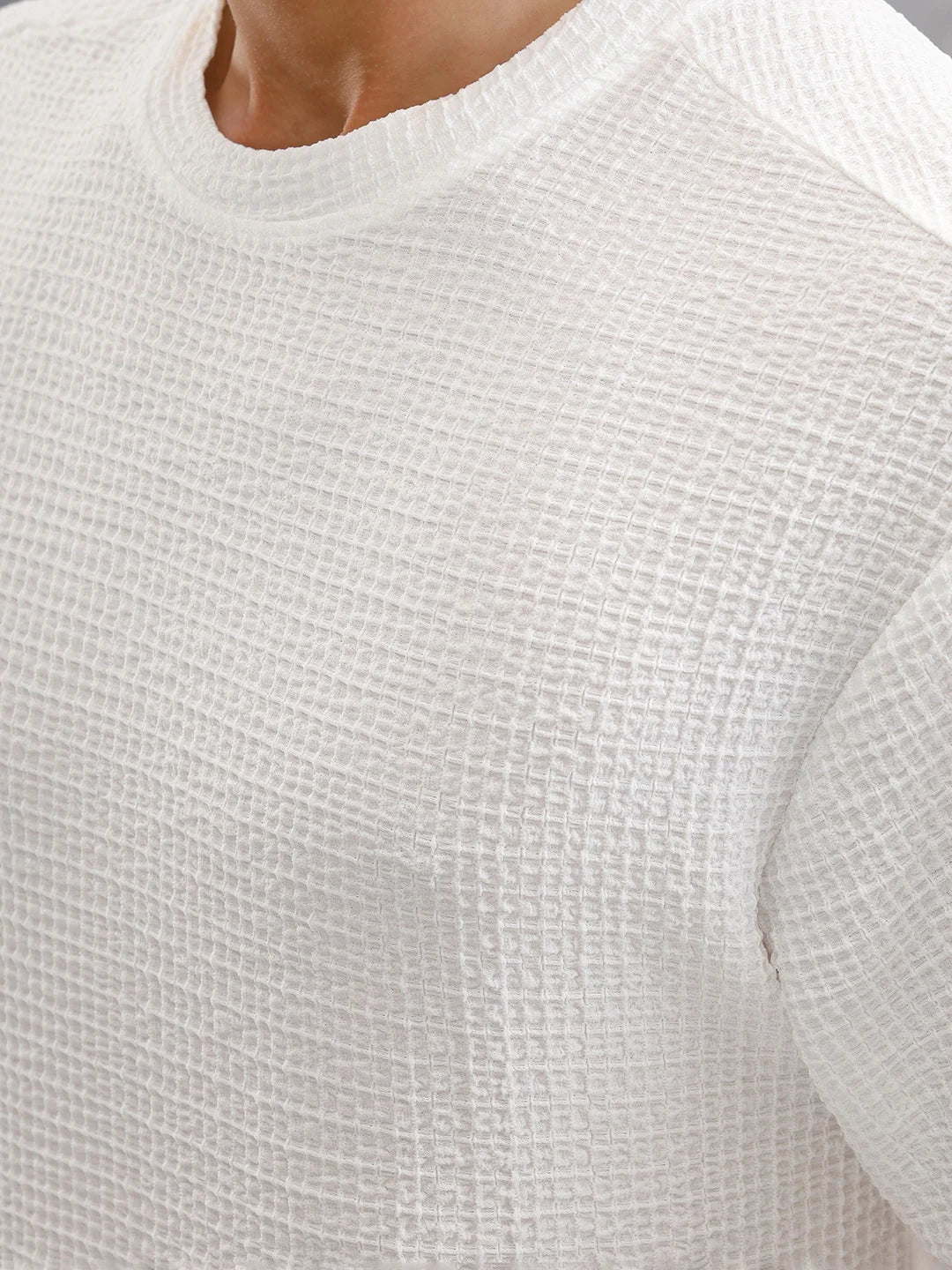 Honeycomb Textured Knit Crew Neck Pullover In Oversized Fit  |  White