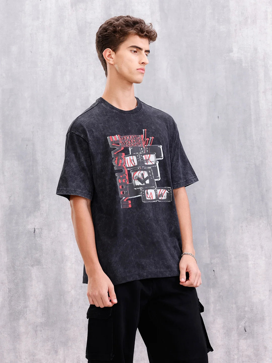 Acid Washed Retro Graphic Printed Oversized Fit Tshirt | Black