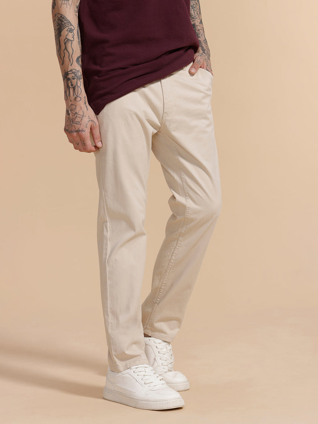 Cotton Blend Chino Trouser | Beige