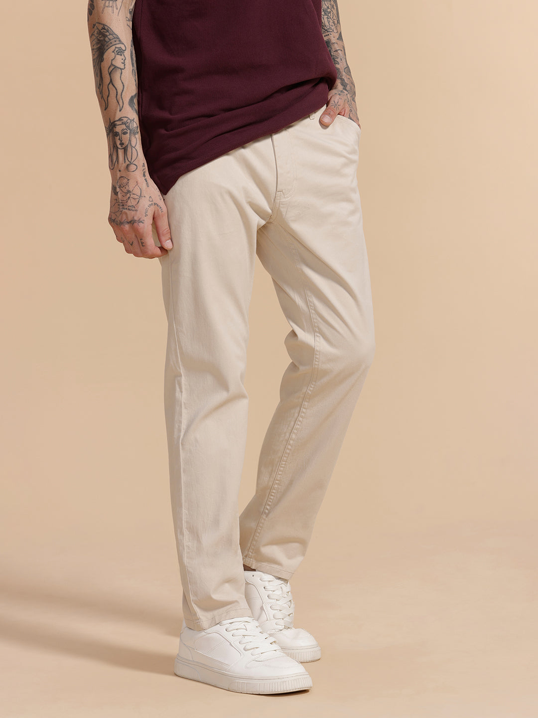 Cotton Blend Chino Trouser | Beige