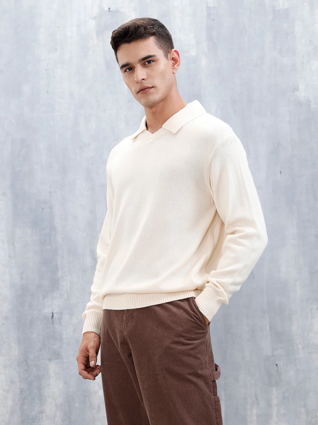 Classic Knit Men’s Sweater With Polo Collar | White