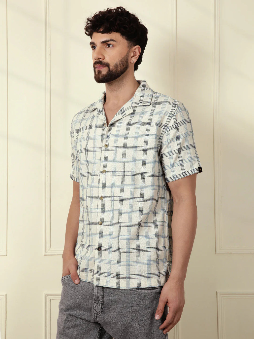 Checked Short Sleeve Textured Shirt | Beige