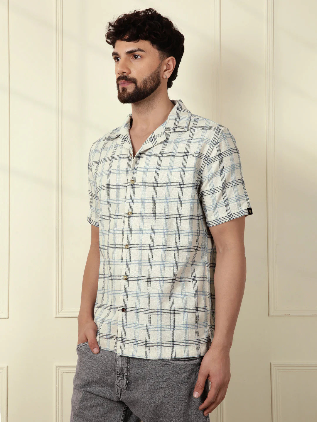 Checked Short Sleeve Textured Shirt | Beige