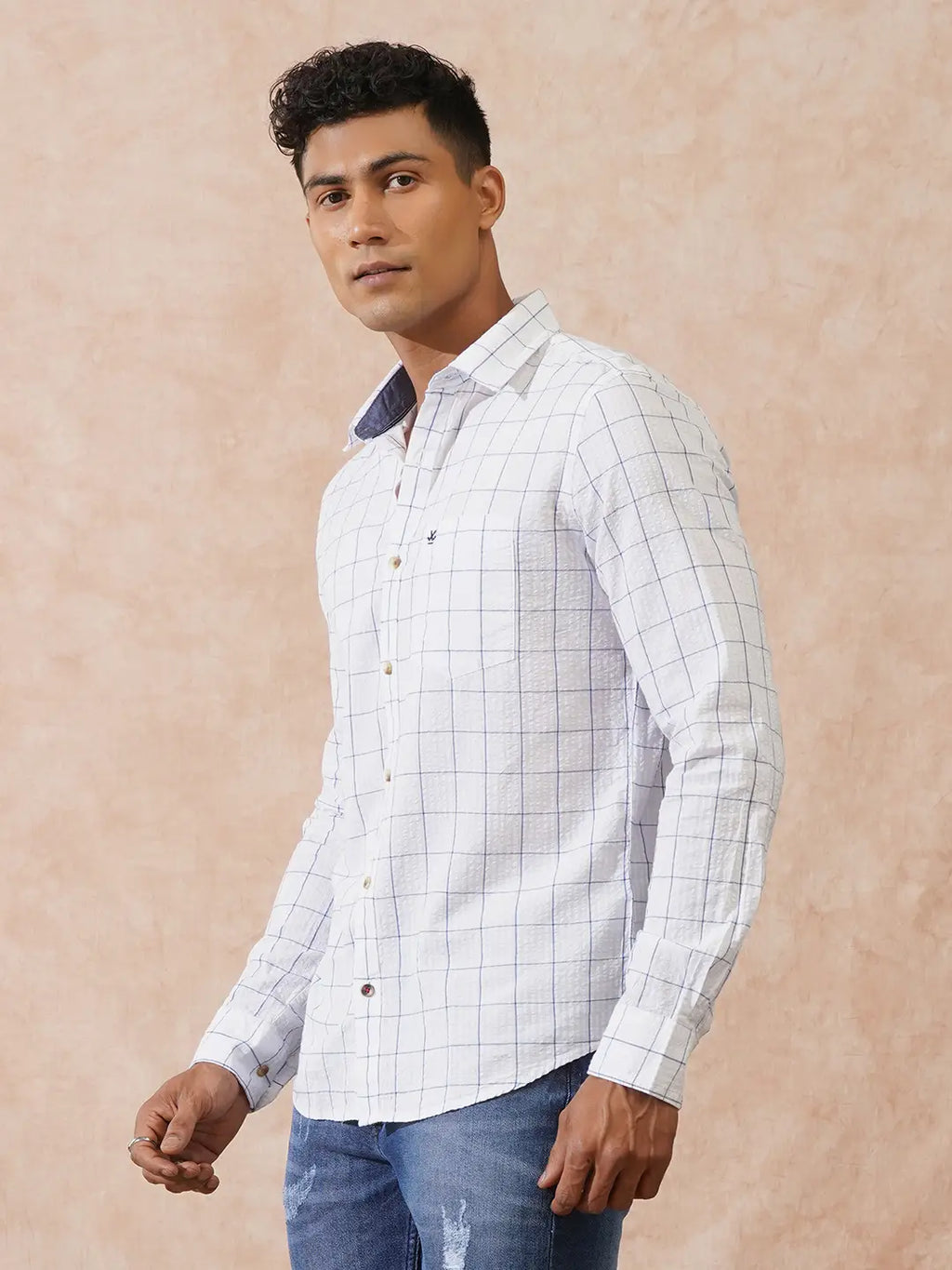 Checked Seersucker Slim Fit Shirt | White