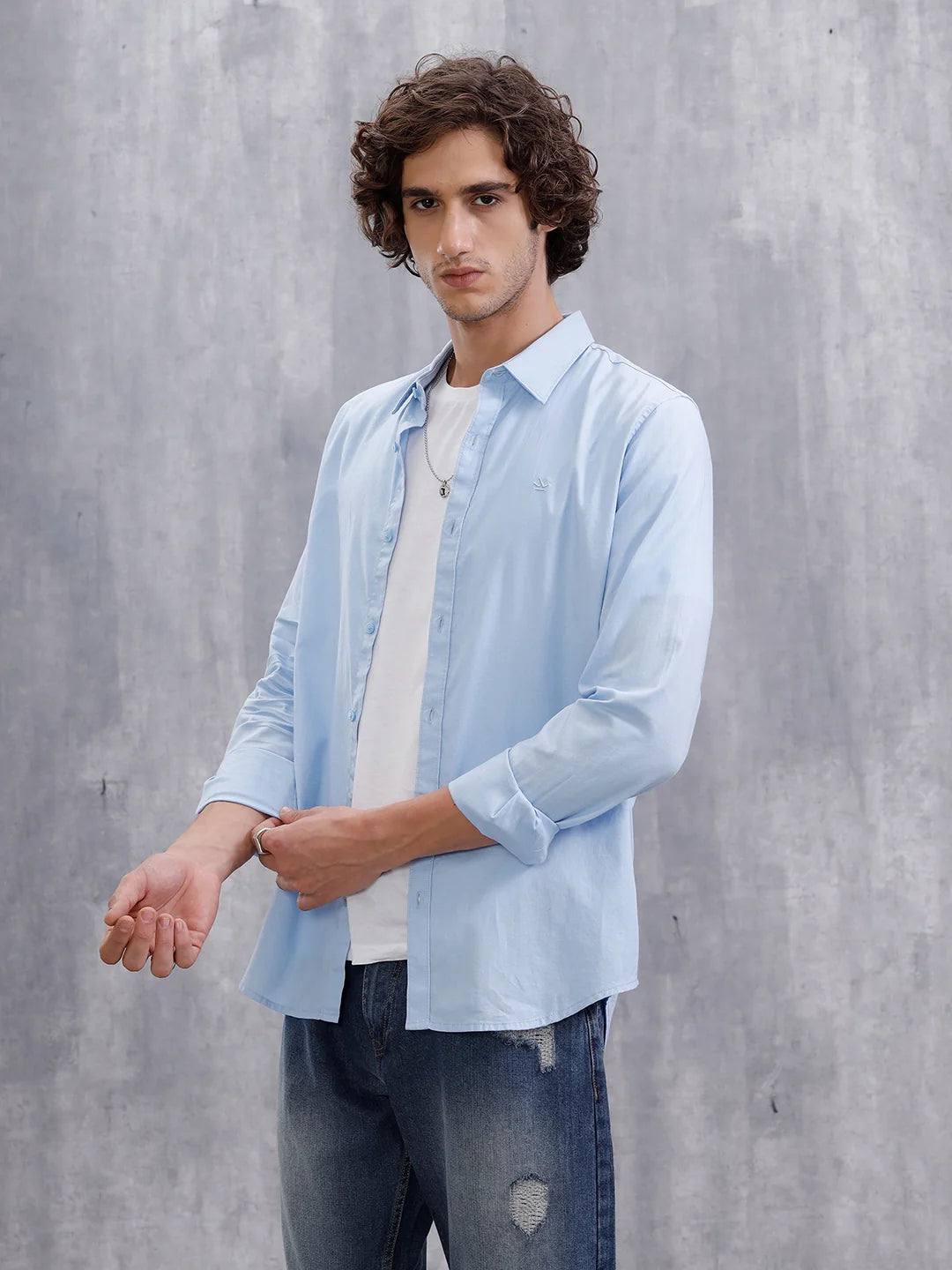 Cotton Dobby Slim Fit Shirt | Light Blue