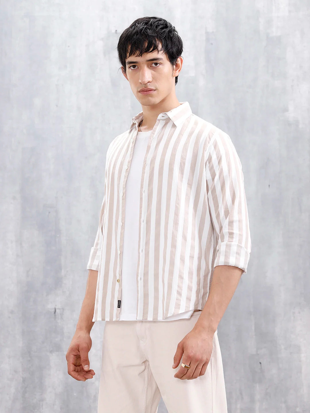 Comfort Fit Striped Casual Shirt For Men | Beige