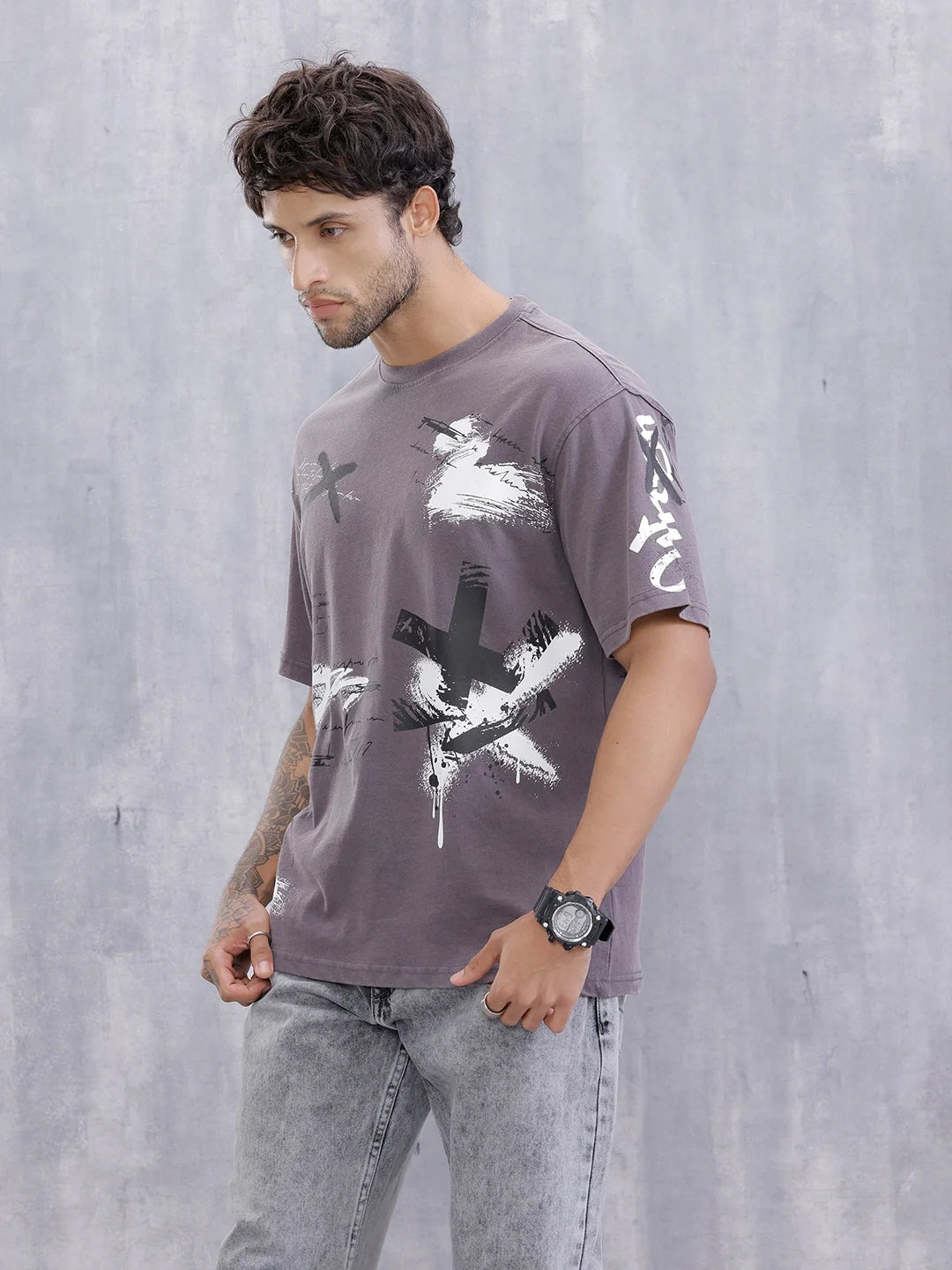 Grafitti Inspired Acid Washed Placement Print Oversized Fit T-Shirt | Grey