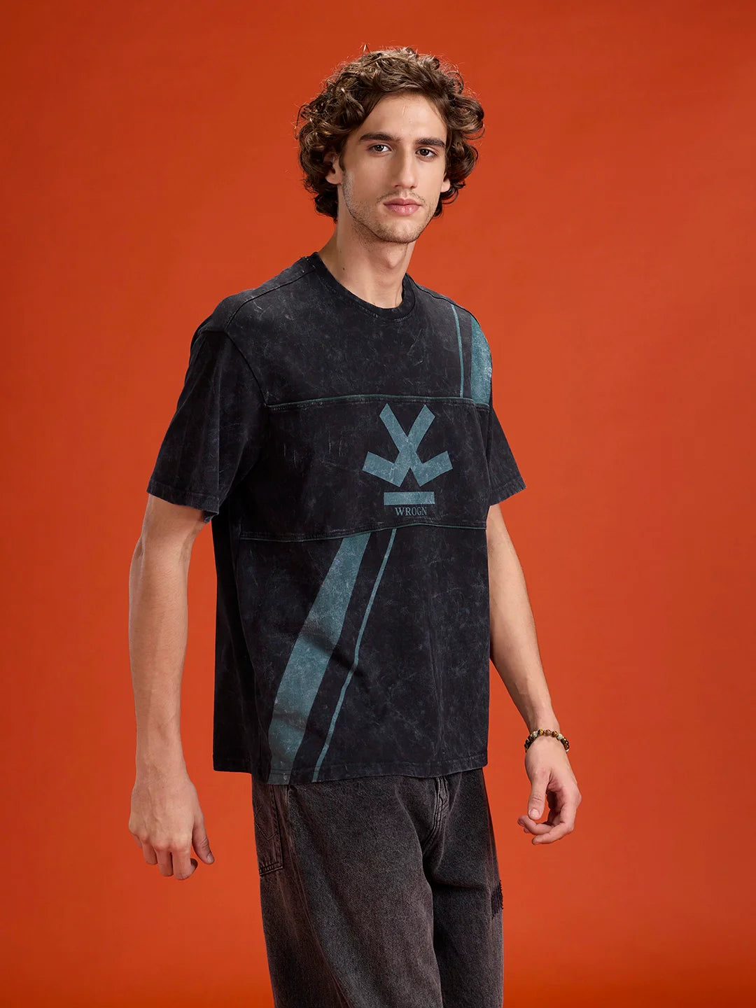 Washed Cut& Sew Graphic Printed Oversized Fit T-Shirt | Black