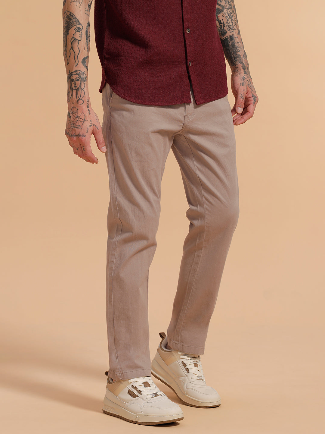 Cotton Blend Chino Trouser | Beige