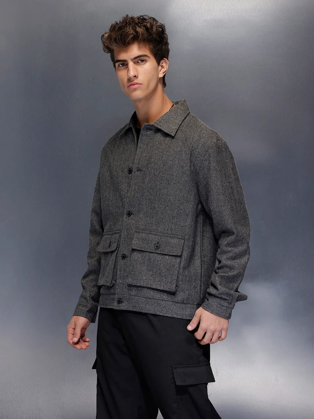 Classic Grey Button-Down tectured jacket | Black