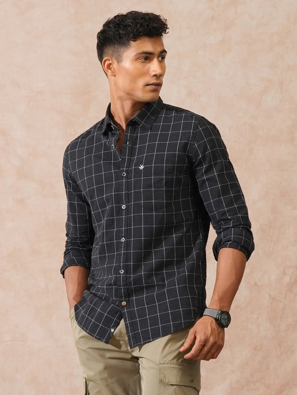 Checked Seersucker Slim Fit Shirt | Black
