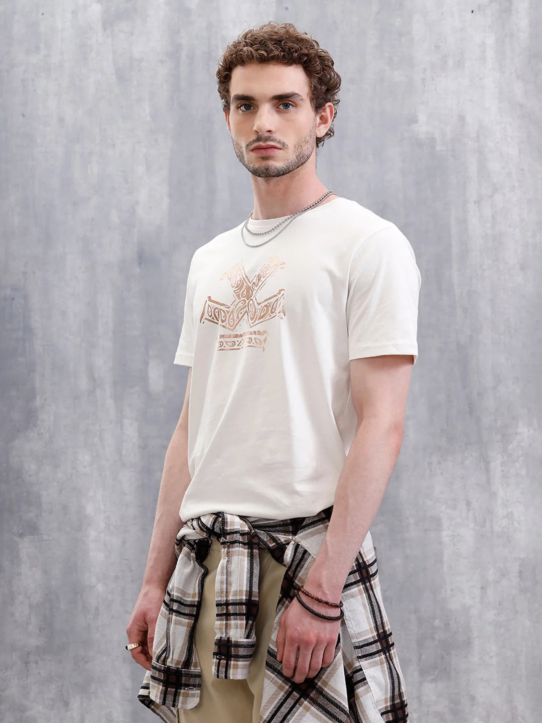 Metallic Foil Printed Slim Fit T-Shirt | White