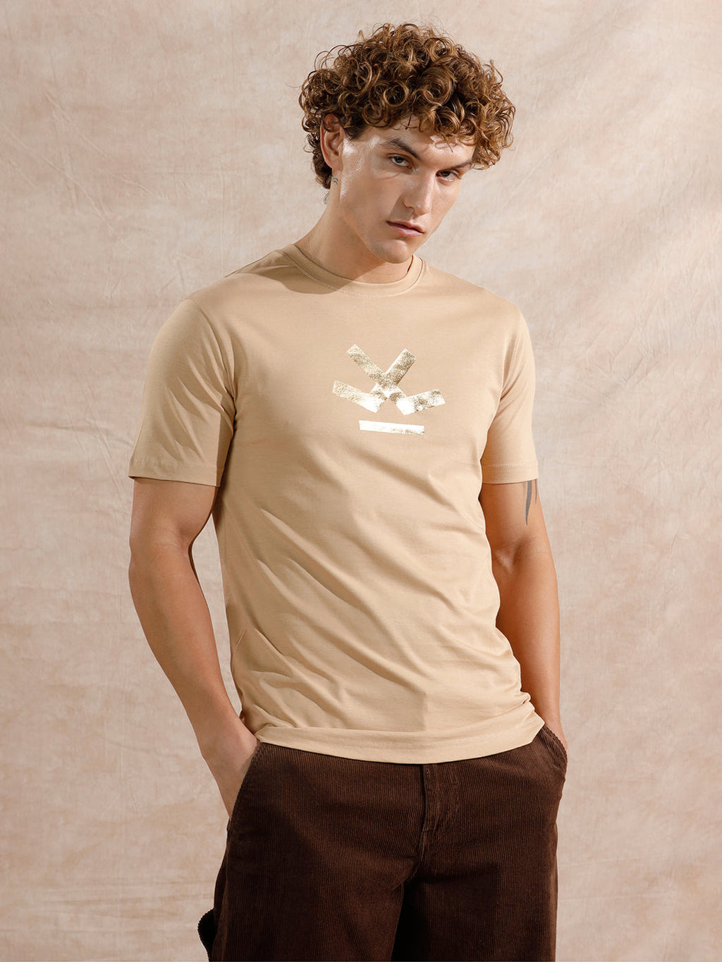 Gold Foil Print Slim Fit T-Shirt | Beige