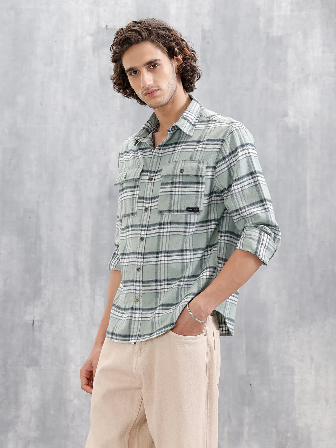 Comfort Fit Checkered Pattern Shirt With Double Pockets | Green