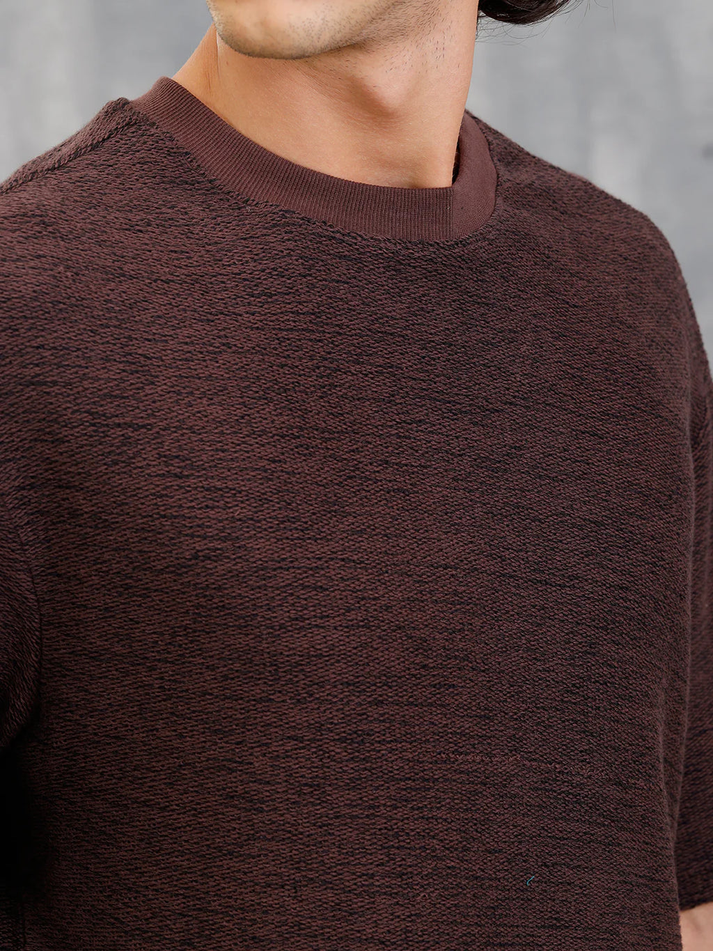 Two Tone Textured Slub Knit Oversized Crew Neck T-Shirt With Chunky Rib | Brown