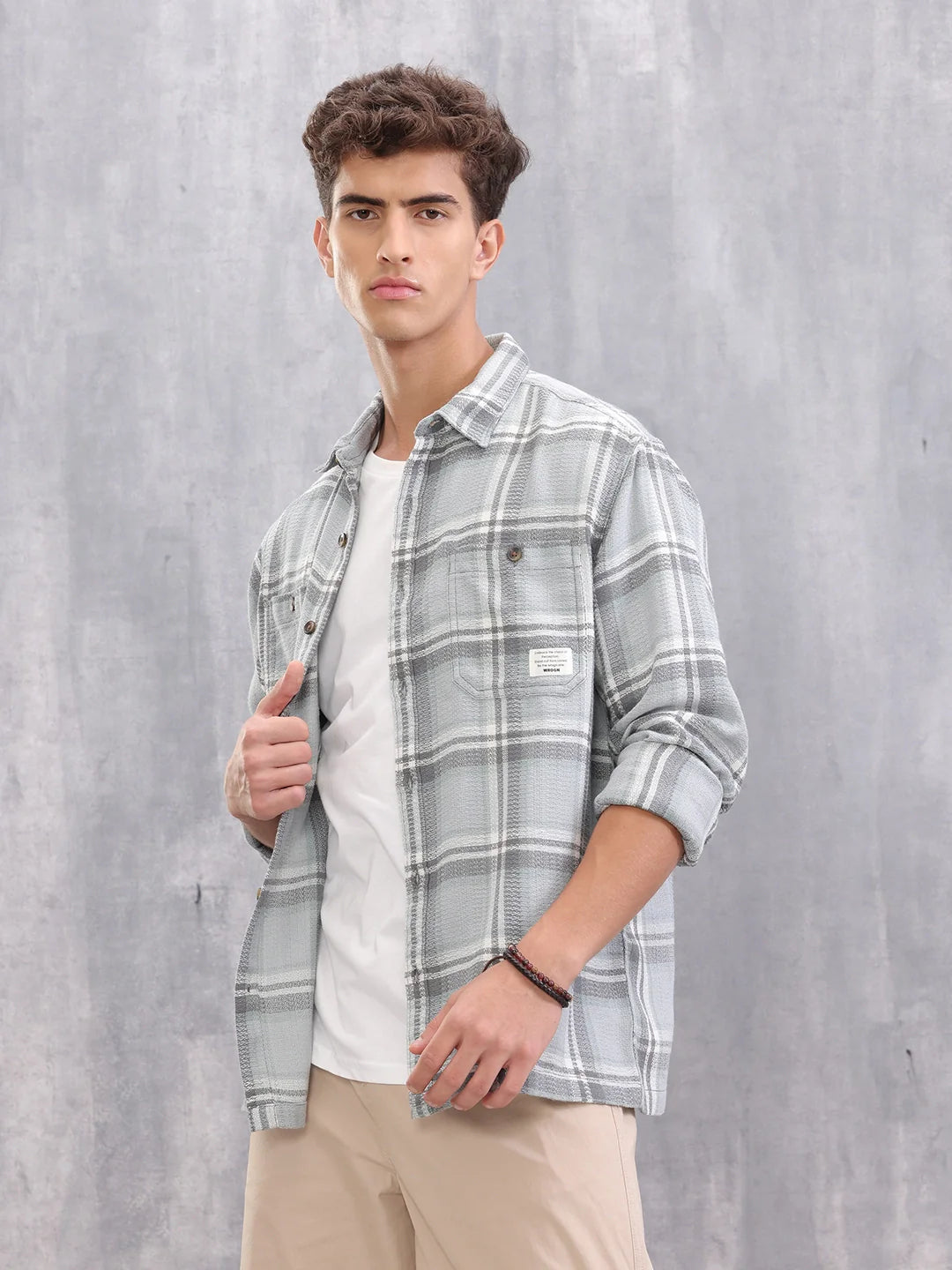 Comfort Fit Double Pocket Checks Shirt I Grey