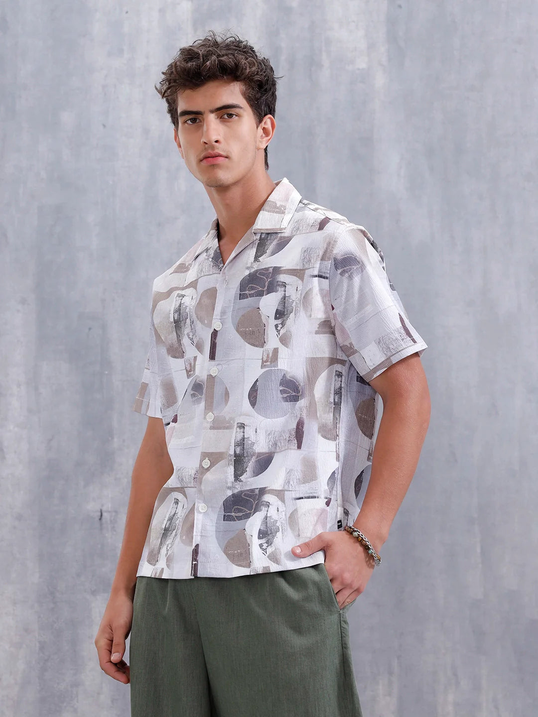 Abstract Aop Printed Comfort Fit Resort Collar Shirt | Grey