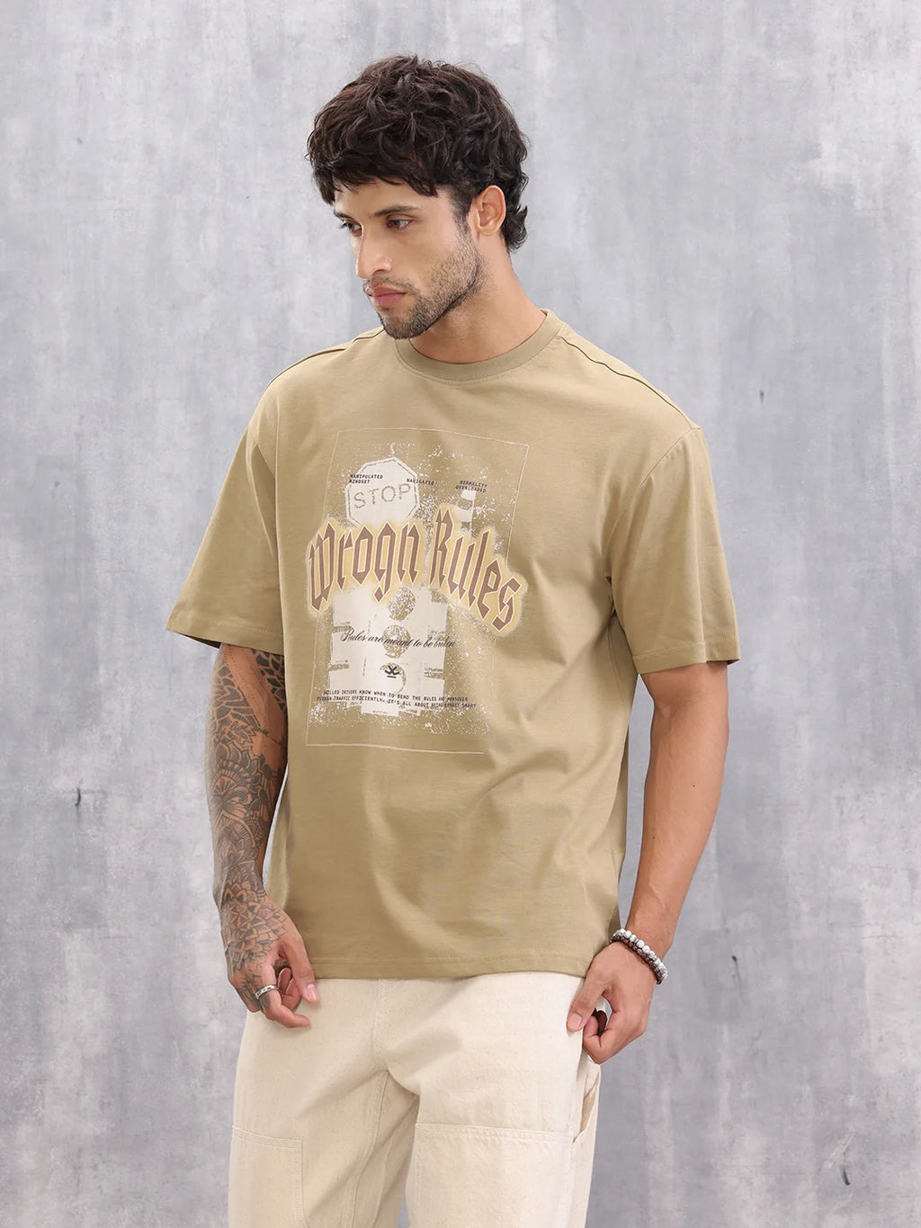 Retro Graphic Printed Oversized Fit T-shirt | Beige