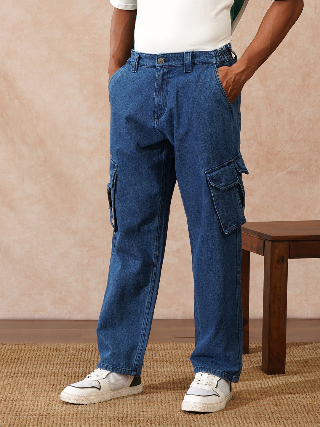 Faded Loose Fit Cargo Jeans | Blue