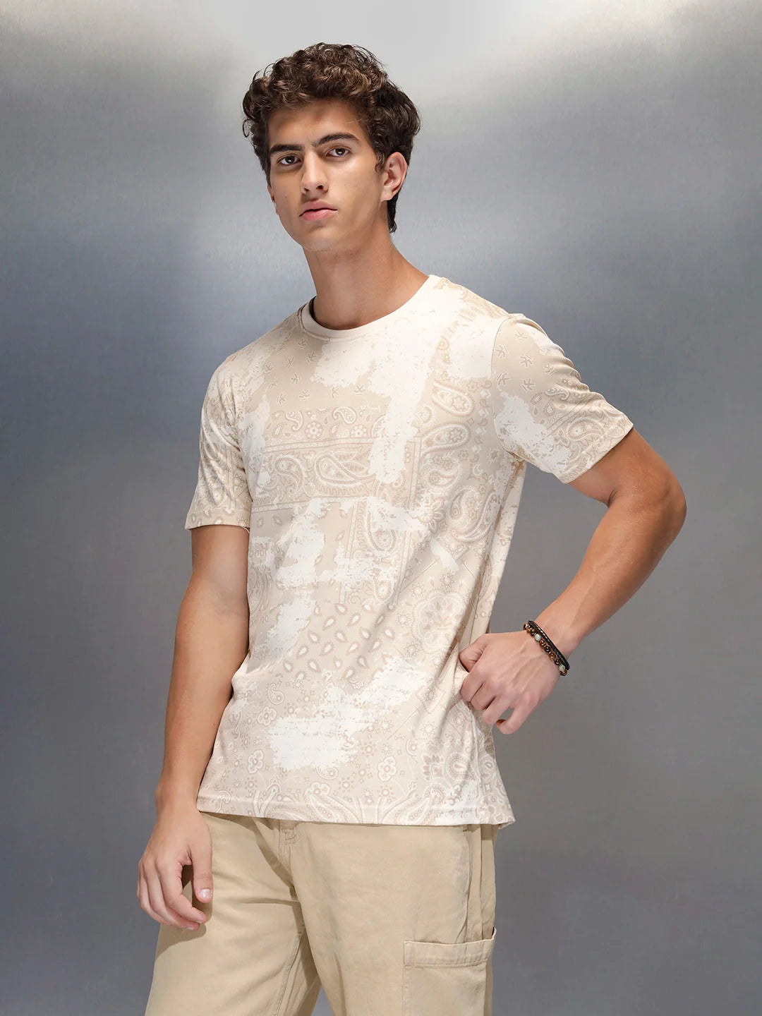 Men's slim fit Casual Tshirt with Paisley AOP  | Beige