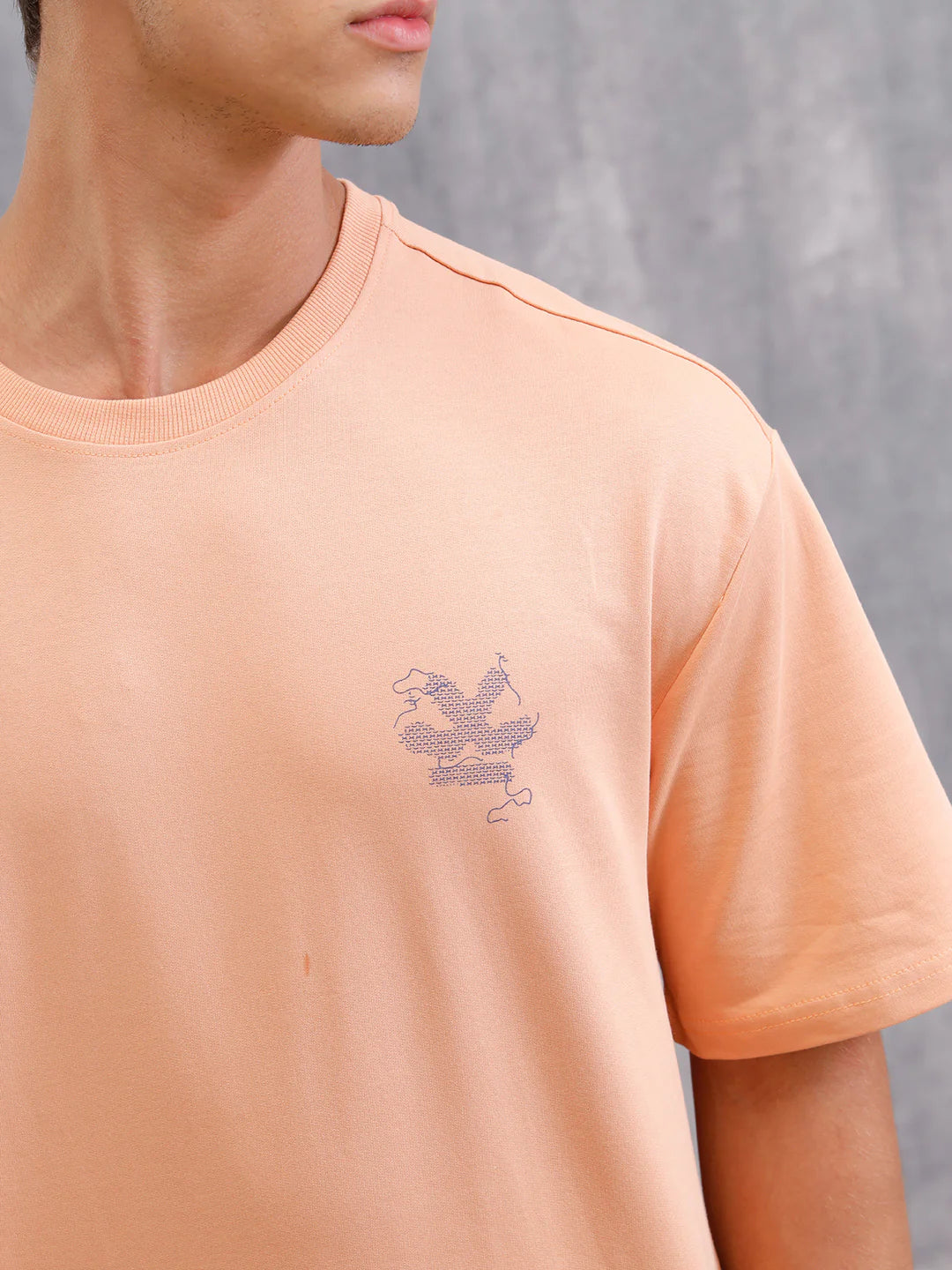 Frayed Yarn Look Wrogn Squad Oversized Back Print Crew Neck T-Shirt | Peach