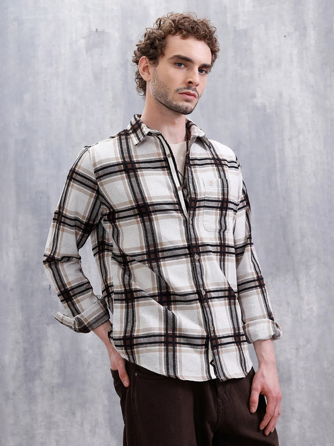 Yarn Checked Slim Fit Shirt | Brown