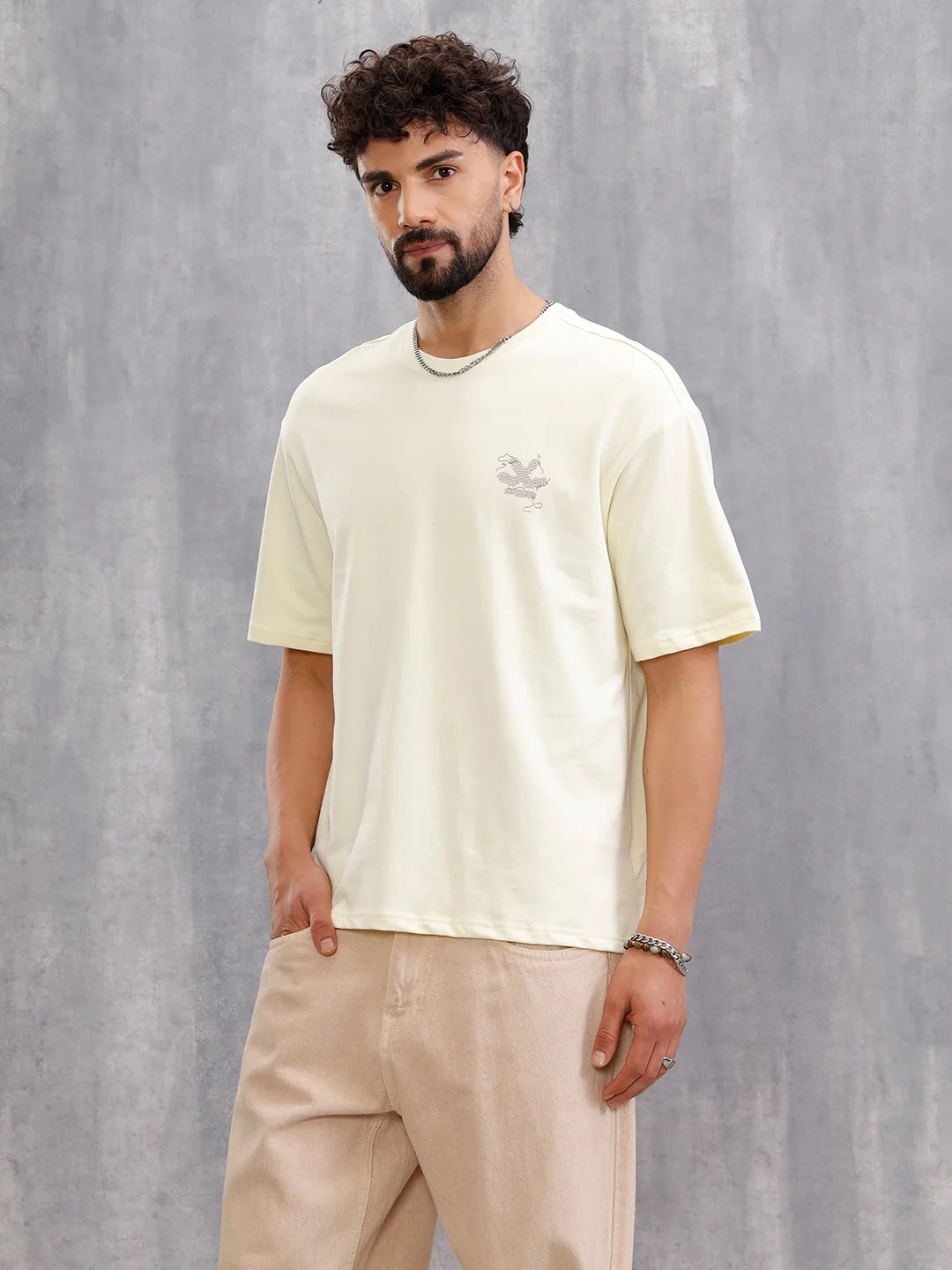 Frayed Yarn Look "Wrogn Squad" Oversized Back Print Crew Neck T-Shirt | Yellow