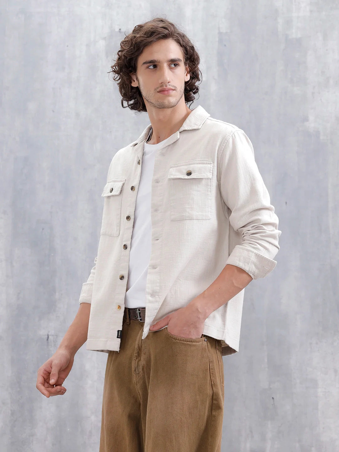 Cotton Slub Overshirt In Regular Fit | Beige