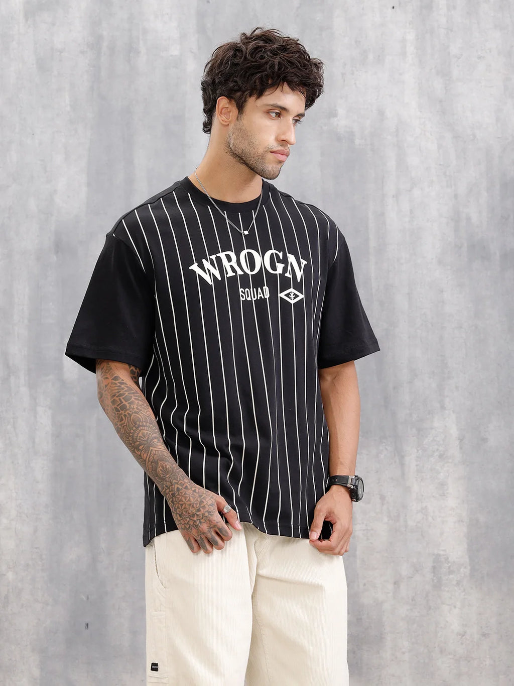 Striped Oversized Fit T-shirt With Flock Print | Black