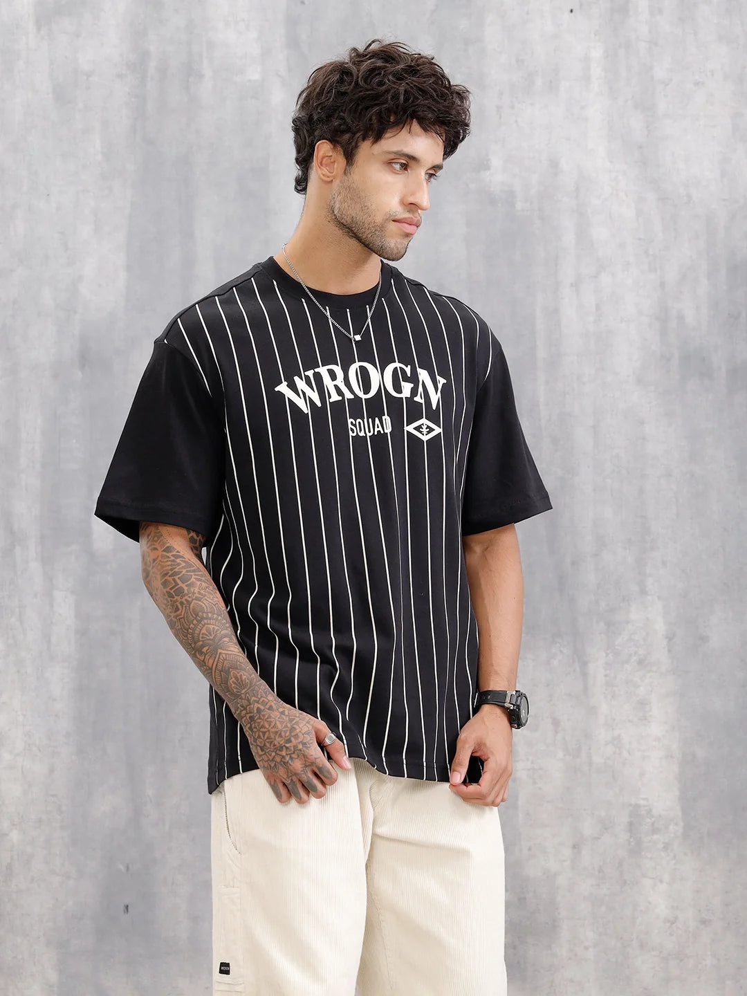 Striped Oversized Fit T-shirt With Flock Print | Black